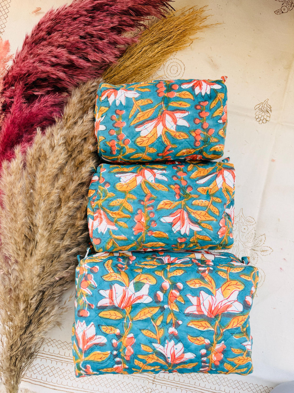 Hand Block Print Cotton Pouch Bag, Handmade Makeup Bag, Toiletry Organizer, Travel Cosmetic Pouch, Sustainable Gift