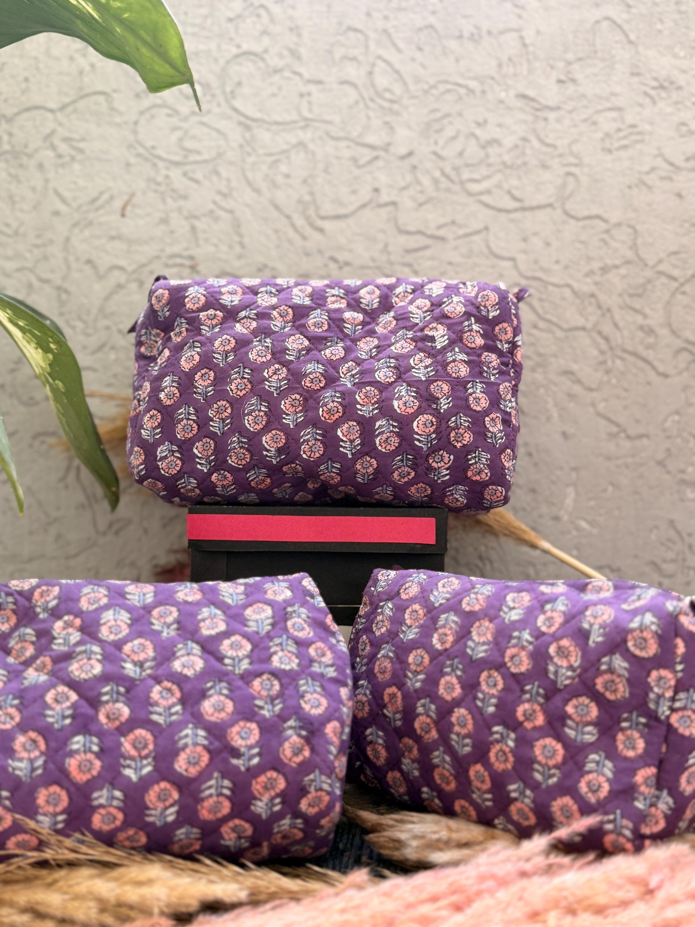 Hand Block Print Cotton Pouch Bag, Handmade Makeup Bag, Toiletry Organizer, Travel Cosmetic Pouch, Sustainable Gift
