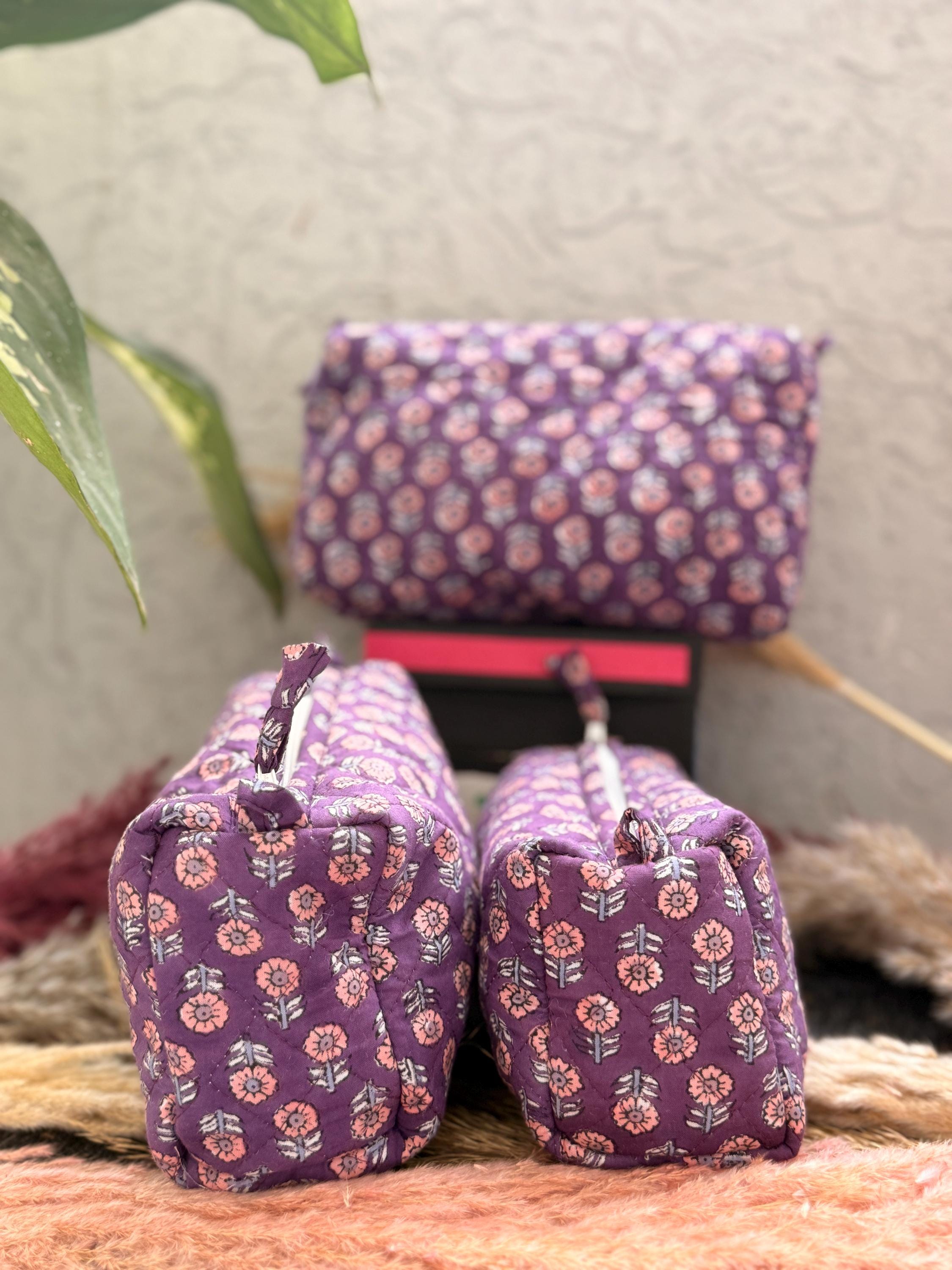 Hand Block Print Cotton Pouch Bag, Handmade Makeup Bag, Toiletry Organizer, Travel Cosmetic Pouch, Sustainable Gift