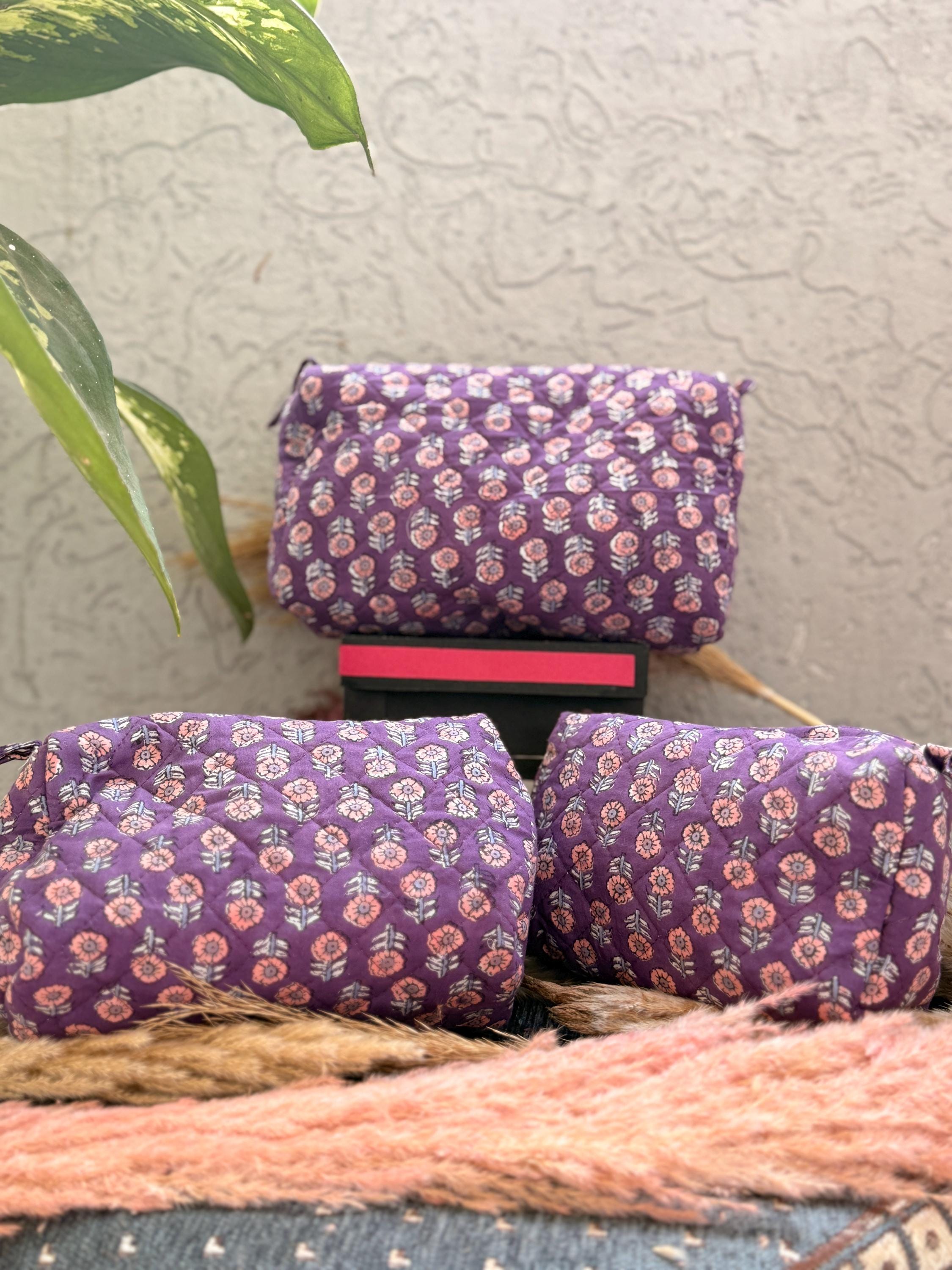 Hand Block Print Cotton Pouch Bag, Handmade Makeup Bag, Toiletry Organizer, Travel Cosmetic Pouch, Sustainable Gift