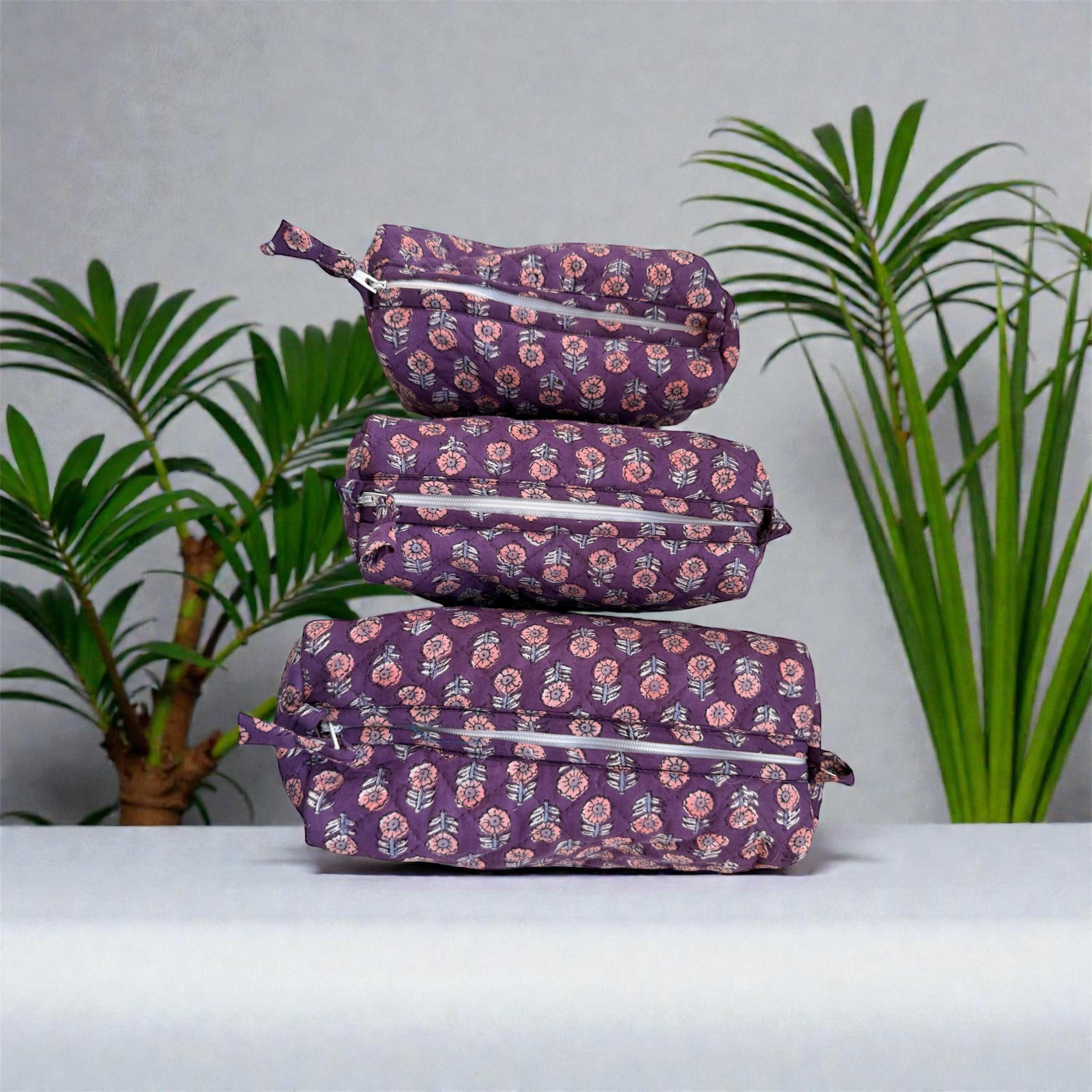 Hand Block Print Cotton Pouch Bag, Handmade Makeup Bag, Toiletry Organizer, Travel Cosmetic Pouch, Sustainable Gift