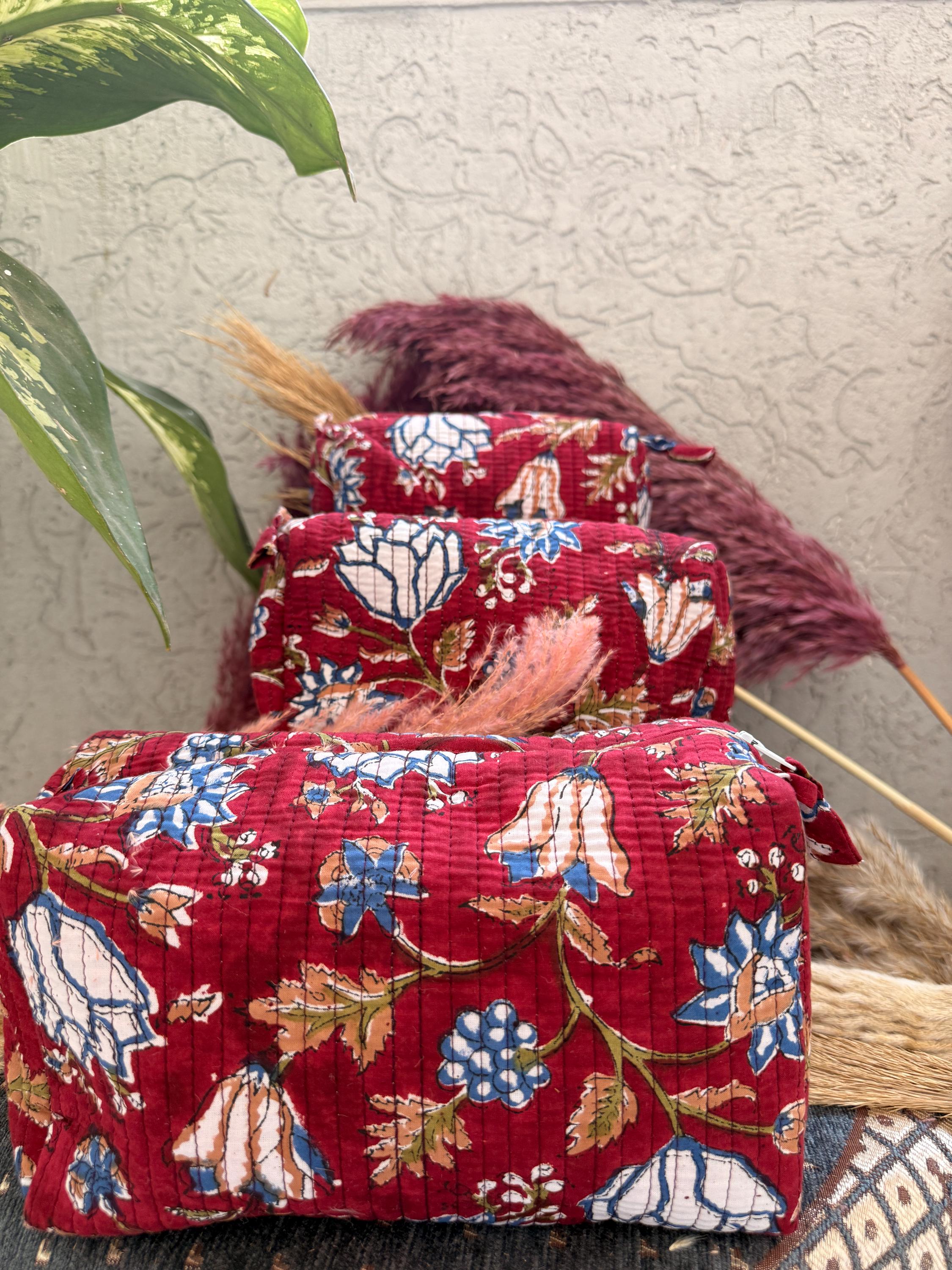 Hand Block Print Cotton Pouch Bag, Handmade Makeup Bag, Toiletry Organizer, Travel Cosmetic Pouch, Sustainable Gift