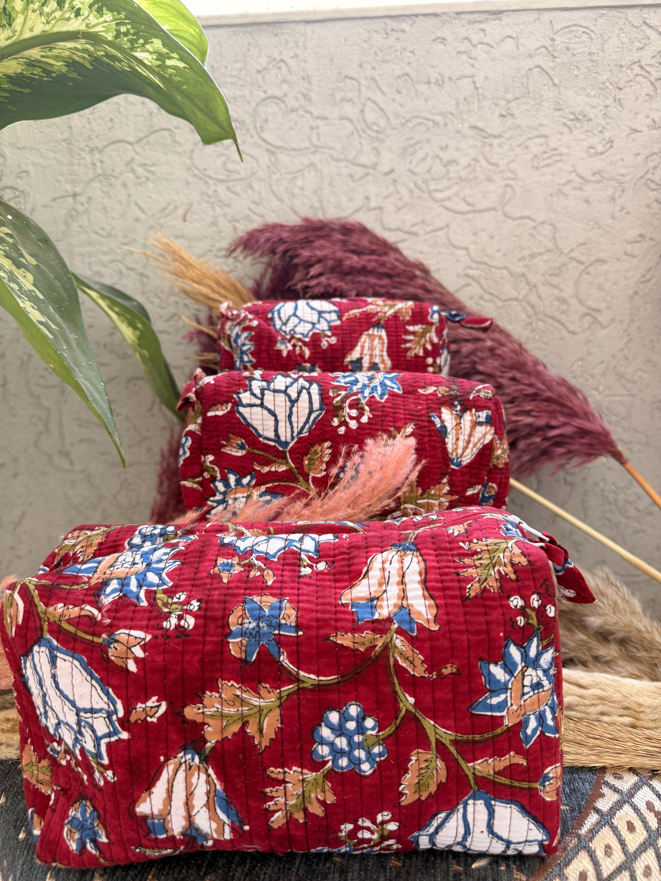 Hand Block Print Cotton Pouch Bag, Handmade Makeup Bag, Toiletry Organizer, Travel Cosmetic Pouch, Sustainable Gift