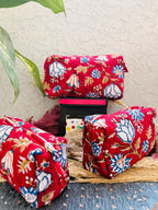 Hand Block Print Cotton Pouch Bag, Handmade Makeup Bag, Toiletry Organizer, Travel Cosmetic Pouch, Sustainable Gift