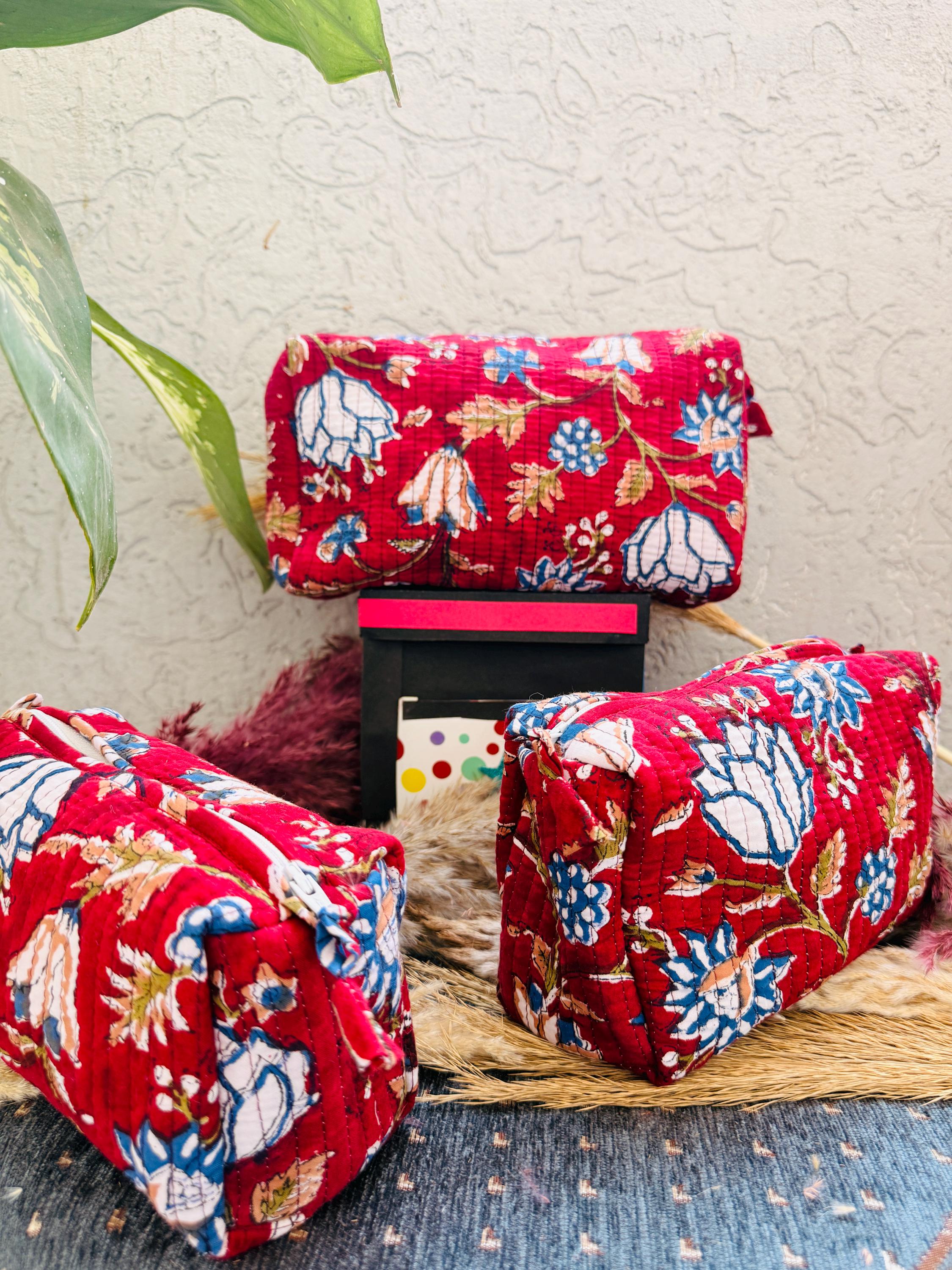 Hand Block Print Cotton Pouch Bag, Handmade Makeup Bag, Toiletry Organizer, Travel Cosmetic Pouch, Sustainable Gift