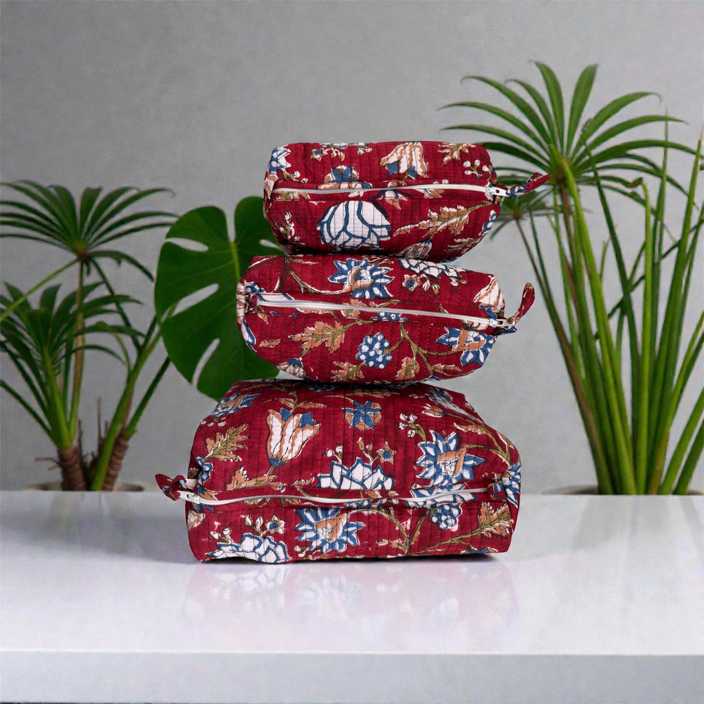 Hand Block Print Cotton Pouch Bag, Handmade Makeup Bag, Toiletry Organizer, Travel Cosmetic Pouch, Sustainable Gift