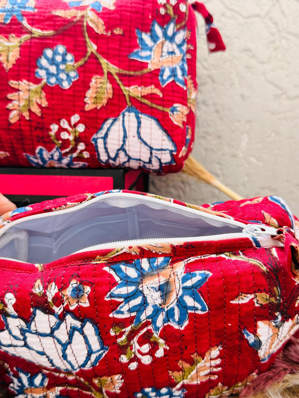 Hand Block Print Cotton Pouch Bag, Handmade Makeup Bag, Toiletry Organizer, Travel Cosmetic Pouch, Sustainable Gift