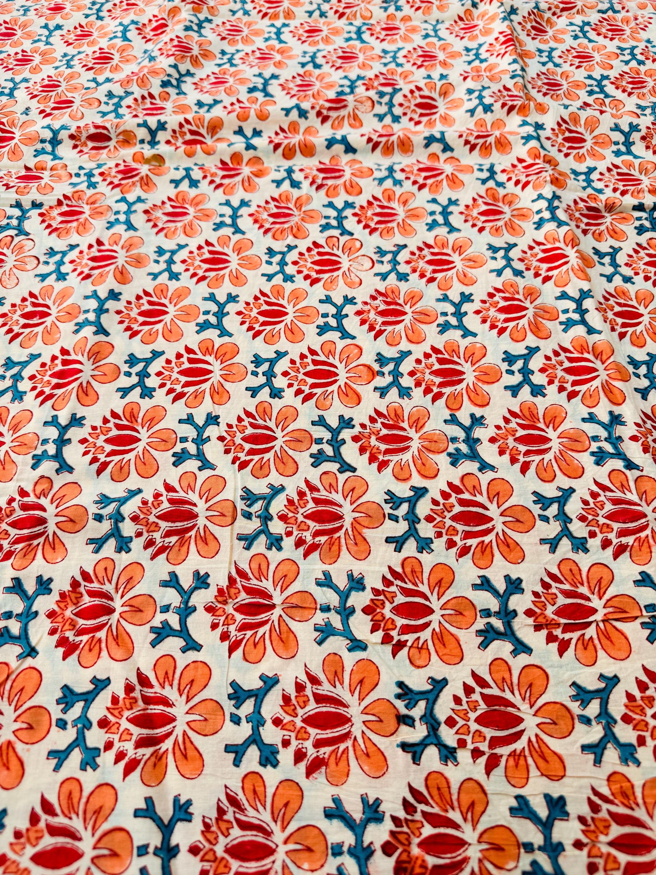 Hand Block Print Cotton Running Fabric, Natural Dye Fabric by the Yard, Handmade Indian Textile, Sewing Craft Fabric