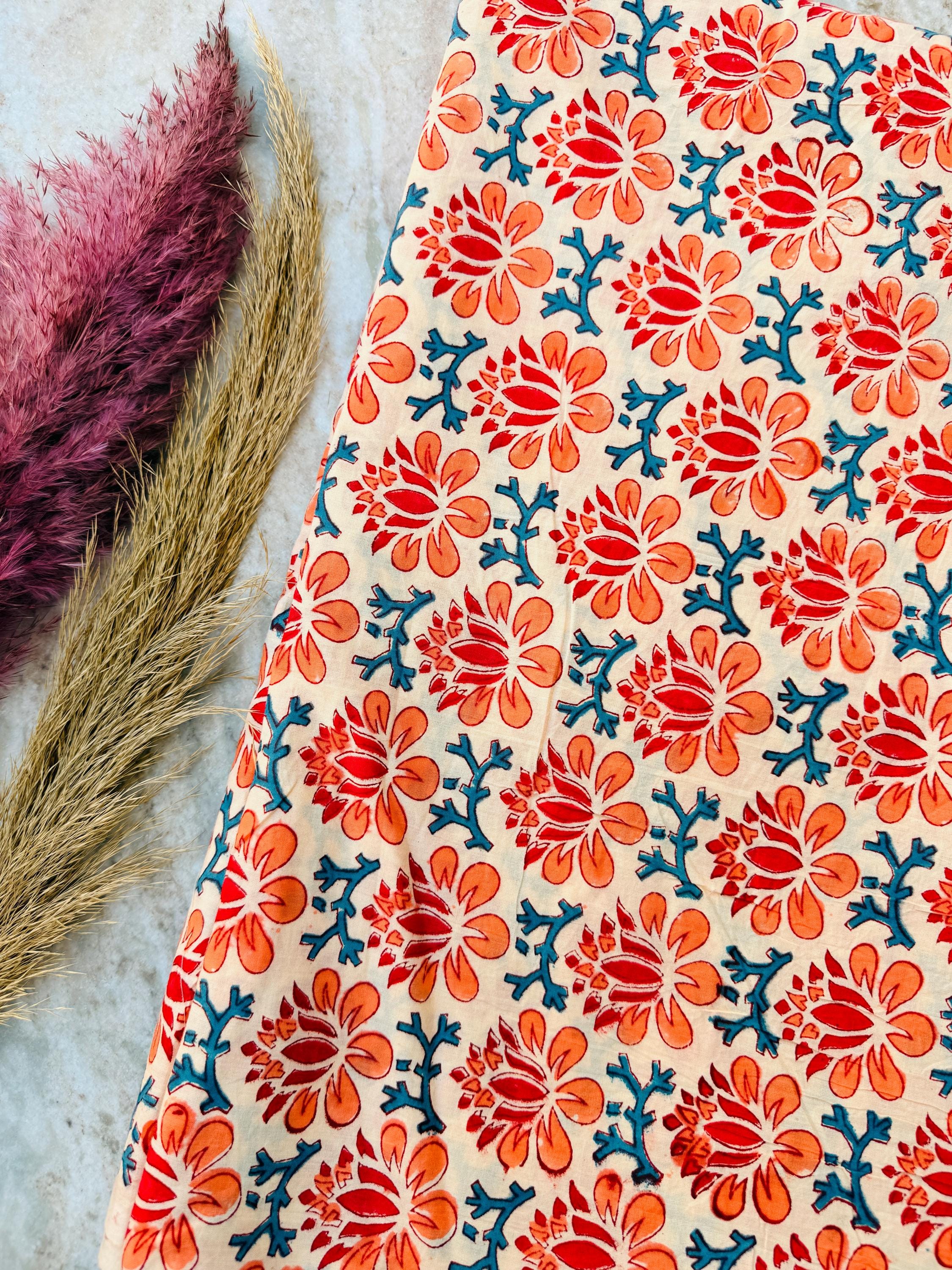 Hand Block Print Cotton Running Fabric, Natural Dye Fabric by the Yard, Handmade Indian Textile, Sewing Craft Fabric