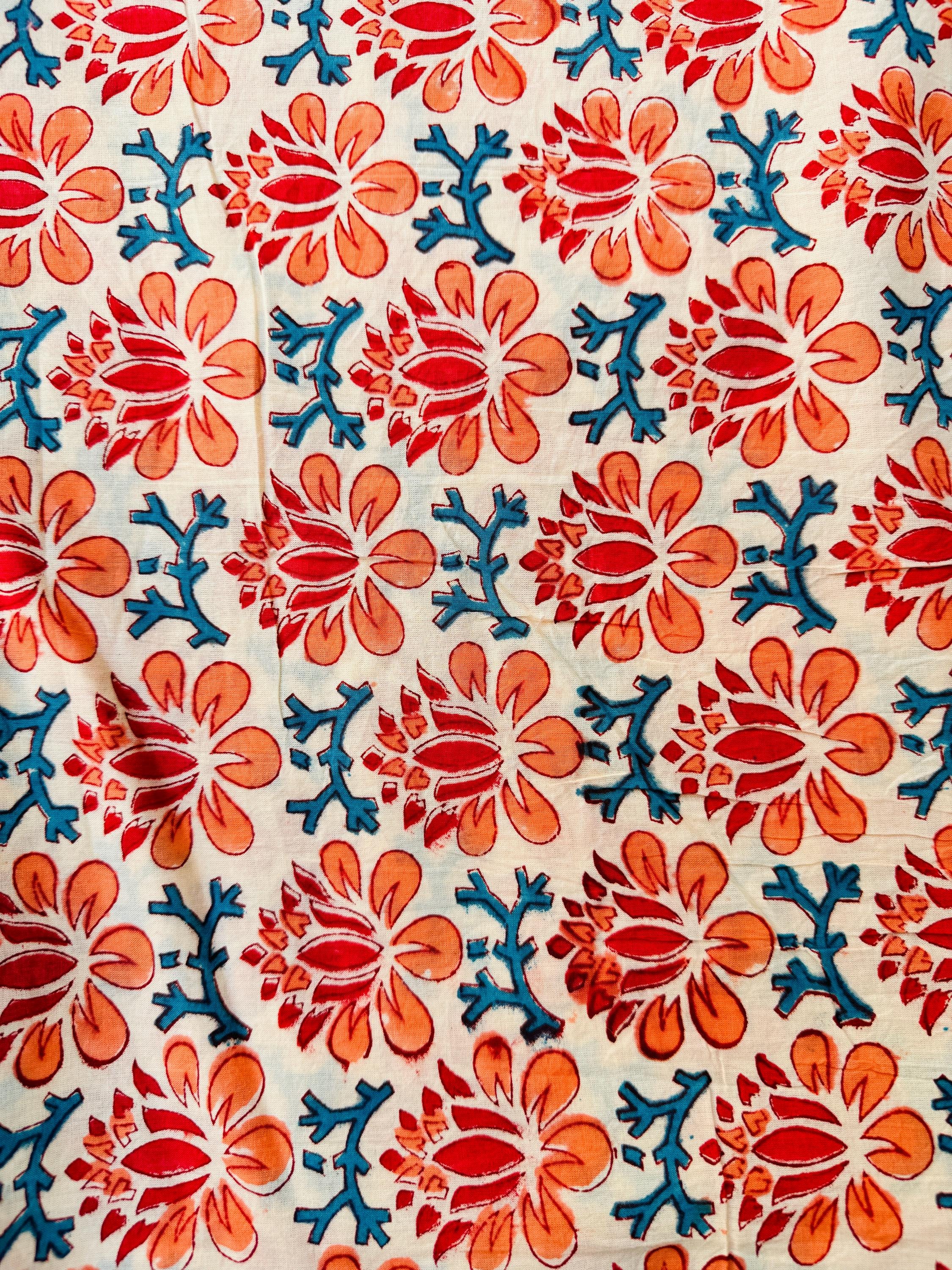 Hand Block Print Cotton Running Fabric, Natural Dye Fabric by the Yard, Handmade Indian Textile, Sewing Craft Fabric