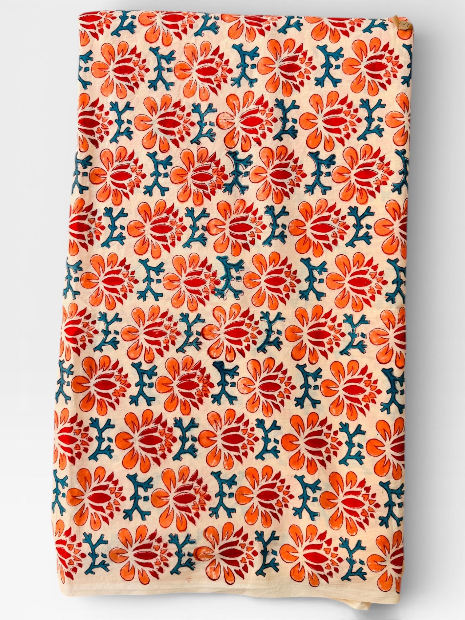 Hand Block Print Cotton Running Fabric, Natural Dye Fabric by the Yard, Handmade Indian Textile, Sewing Craft Fabric