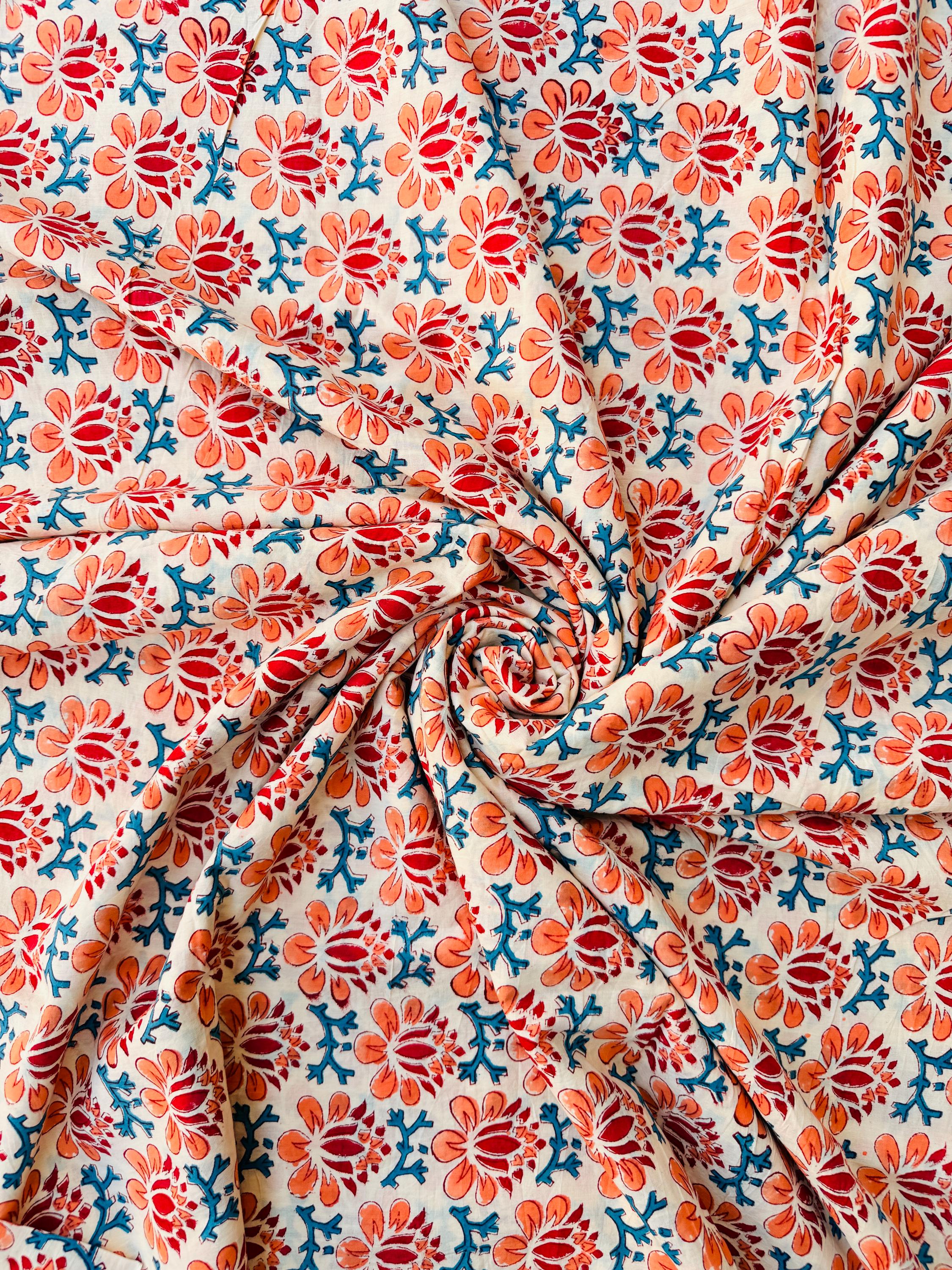 Hand Block Print Cotton Running Fabric, Natural Dye Fabric by the Yard, Handmade Indian Textile, Sewing Craft Fabric