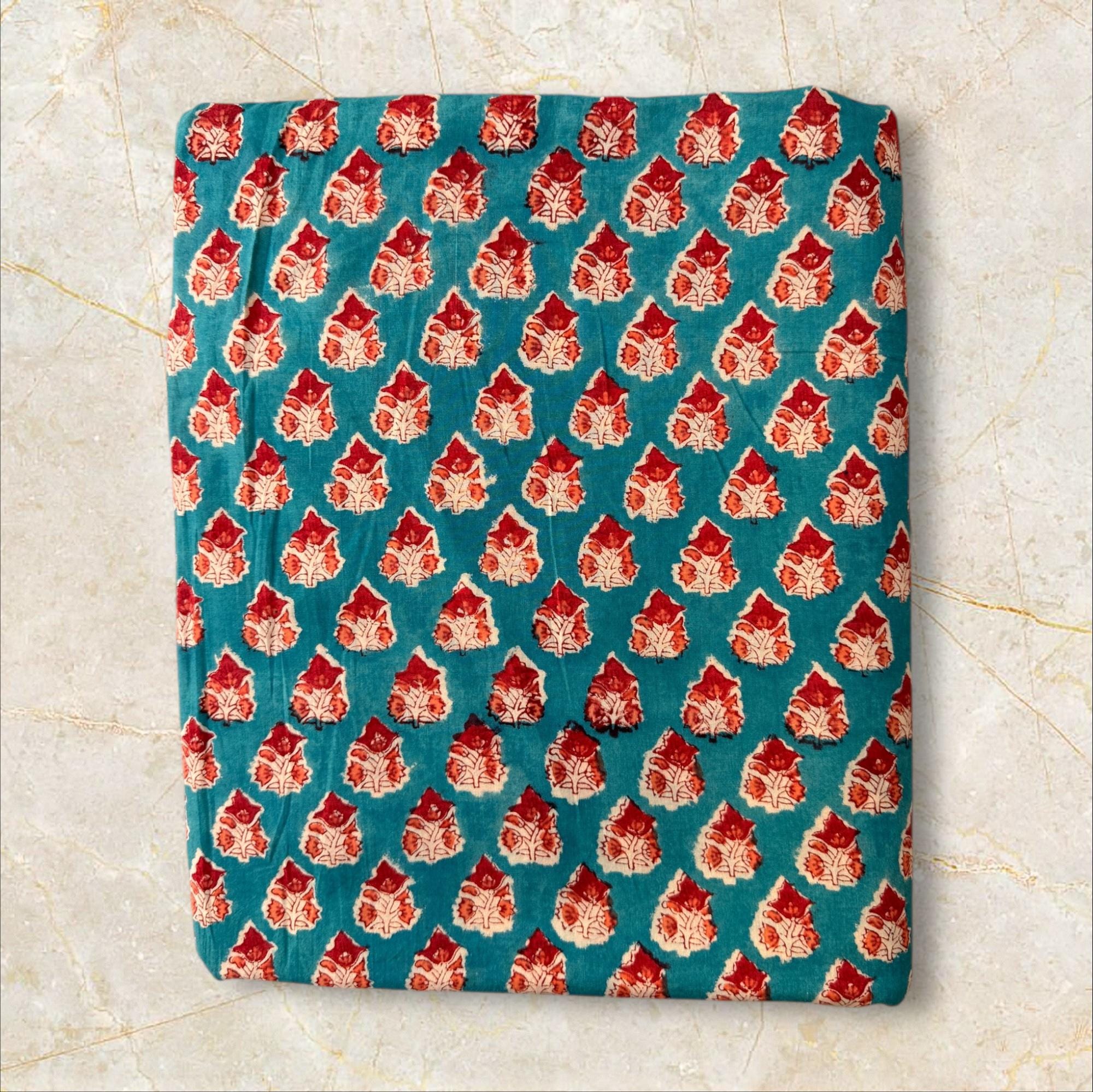 Hand Block Print Cotton Running Fabric, Natural Dye Fabric by the Yard, Handmade Indian Textile, Sewing Craft Fabric