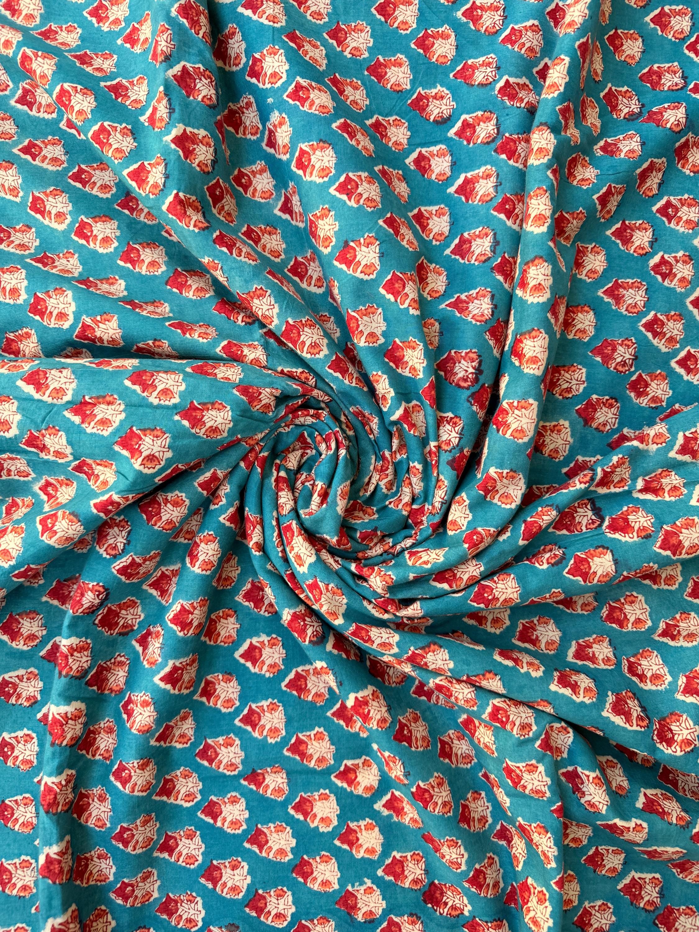 Hand Block Print Cotton Running Fabric, Natural Dye Fabric by the Yard, Handmade Indian Textile, Sewing Craft Fabric