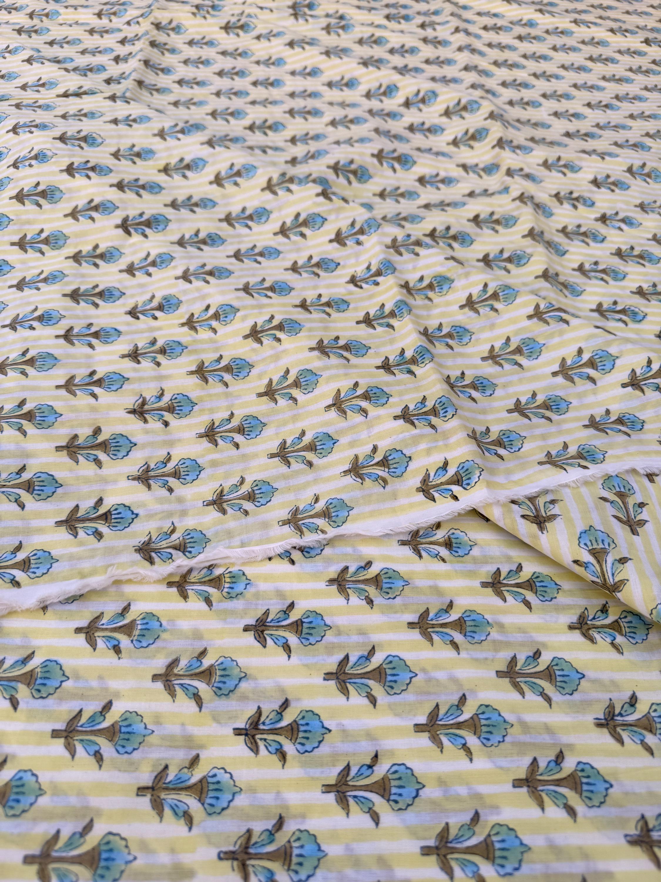 Hand Block Print Cotton Running Fabric, Natural Dye Fabric by the Yard, Handmade Indian Textile, Sewing Craft Fabric