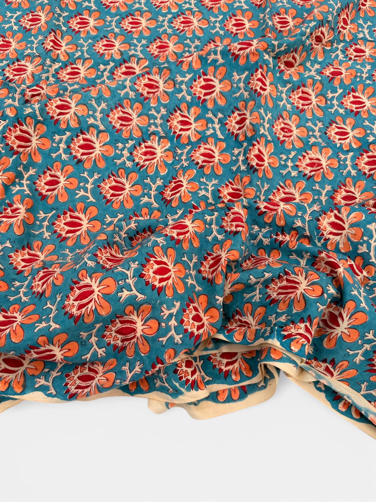 Hand Block Print Cotton Running Fabric, Natural Dye Fabric by the Yard, Handmade Indian Textile, Sewing Craft Fabric