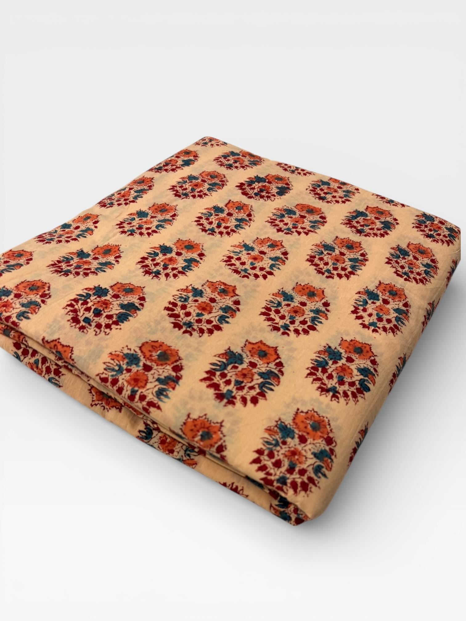Hand Block Print Cotton Running Fabric, Natural Dye Fabric by the Yard, Handmade Indian Textile, Sewing Craft Fabric