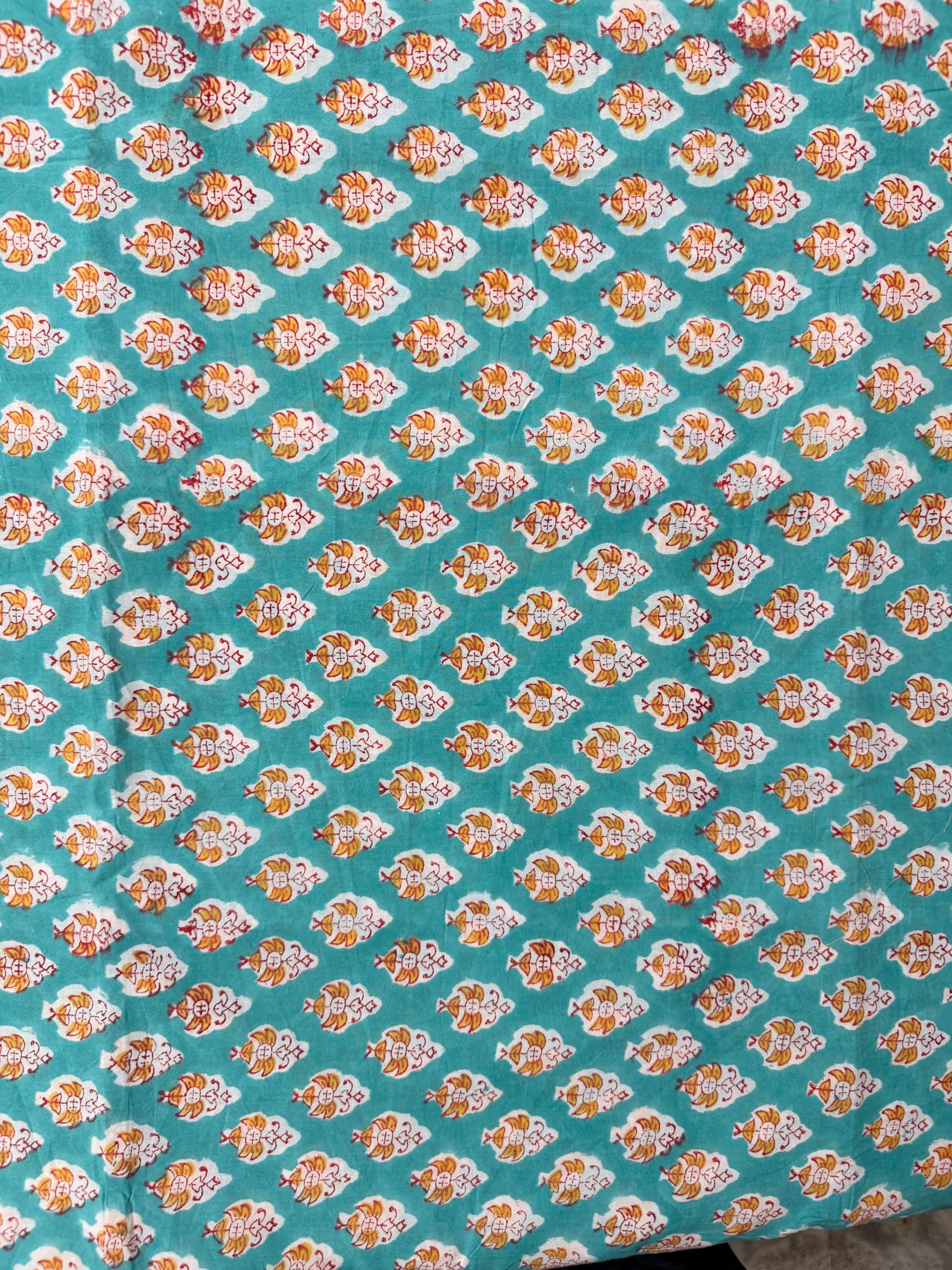 Hand Block Print Cotton Running Fabric, Natural Dye Fabric by the Yard, Handmade Indian Textile, Sewing Craft Fabric