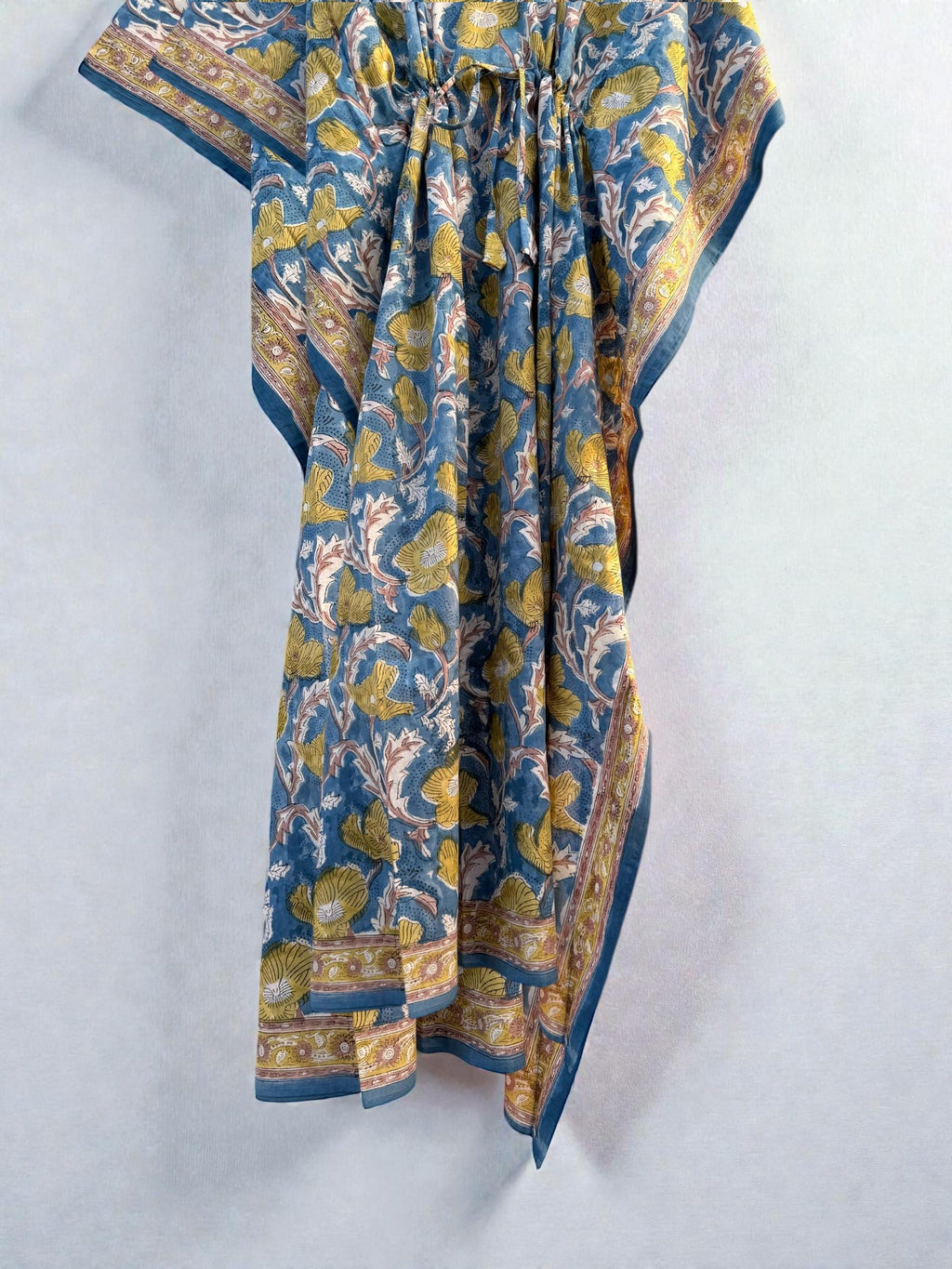 Hand Block Printed Cotton Kaftan - Floral Boho Lounge Dress Kaftan with Drawstring Waist | Indian Summer Dress, Beach & Resort Wear