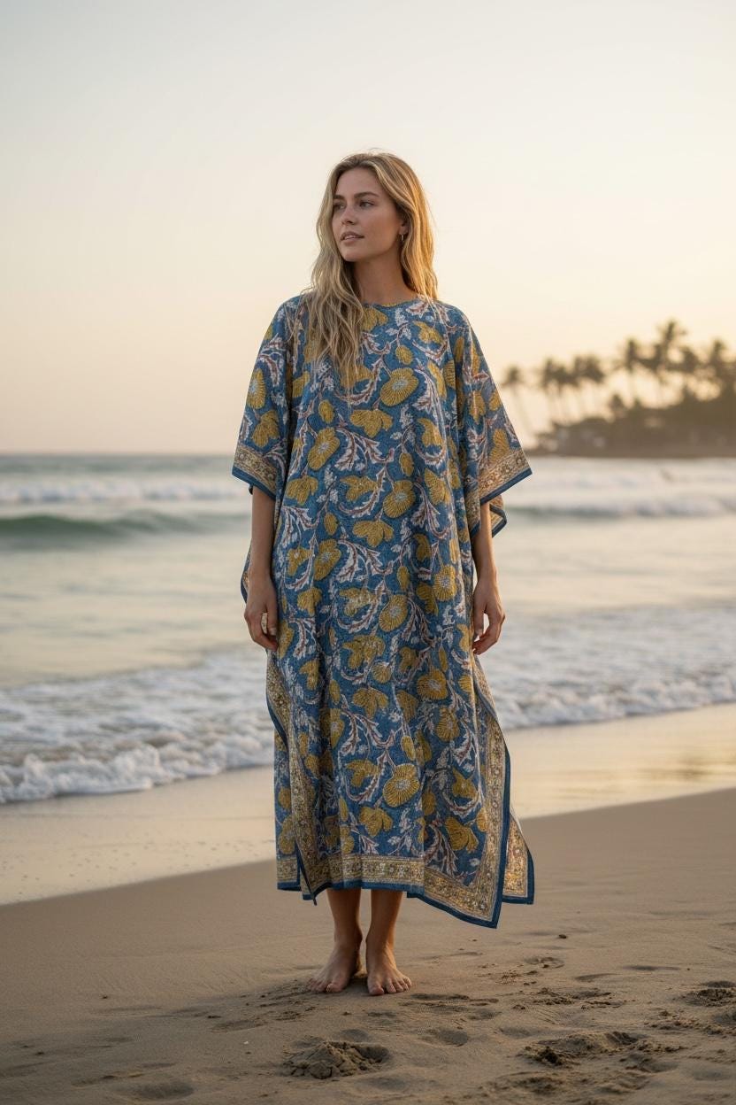 Hand Block Printed Cotton Kaftan - Floral Boho Lounge Dress Kaftan with Drawstring Waist | Indian Summer Dress, Beach & Resort Wear