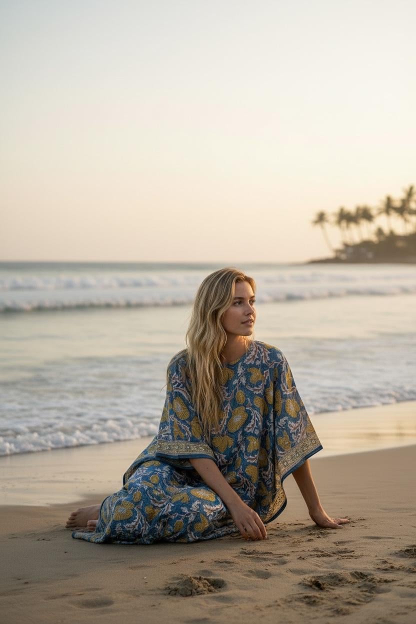 Hand Block Printed Cotton Kaftan - Floral Boho Lounge Dress Kaftan with Drawstring Waist | Indian Summer Dress, Beach & Resort Wear