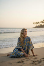 Hand Block Printed Cotton Kaftan - Floral Boho Lounge Dress Kaftan with Drawstring Waist | Indian Summer Dress, Beach & Resort Wear