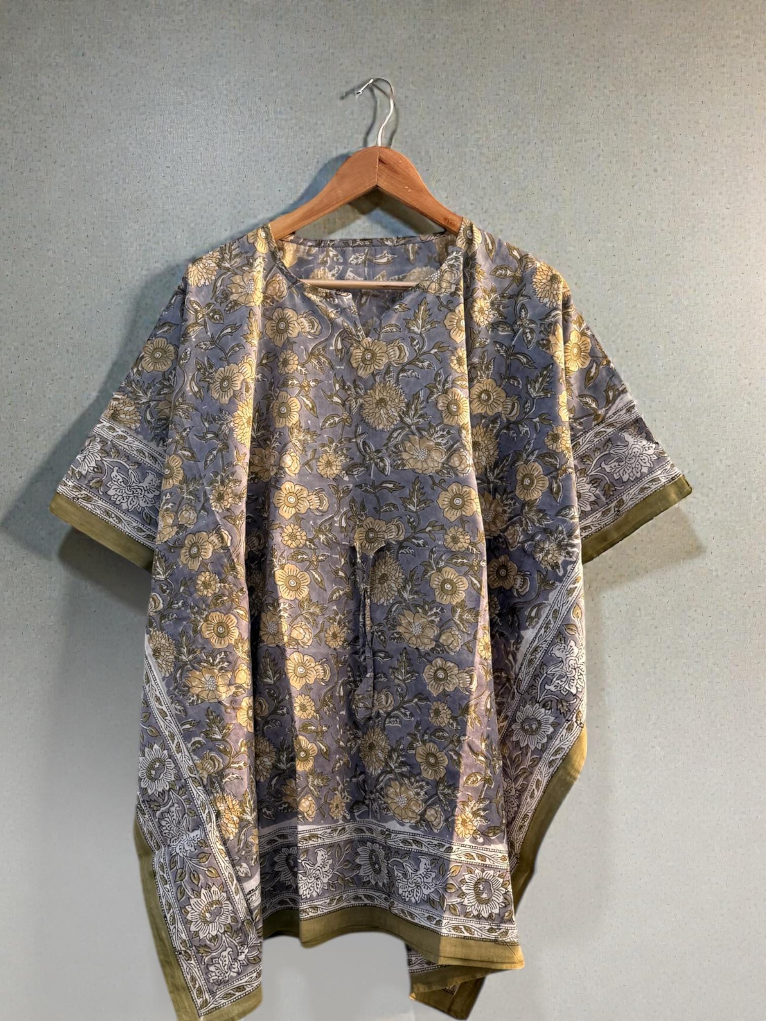 Hand Block Printed Cotton Kaftan – Floral Boho Lounge Top| Boho Summer Kaftan Dress, Relaxed Fit Tunic