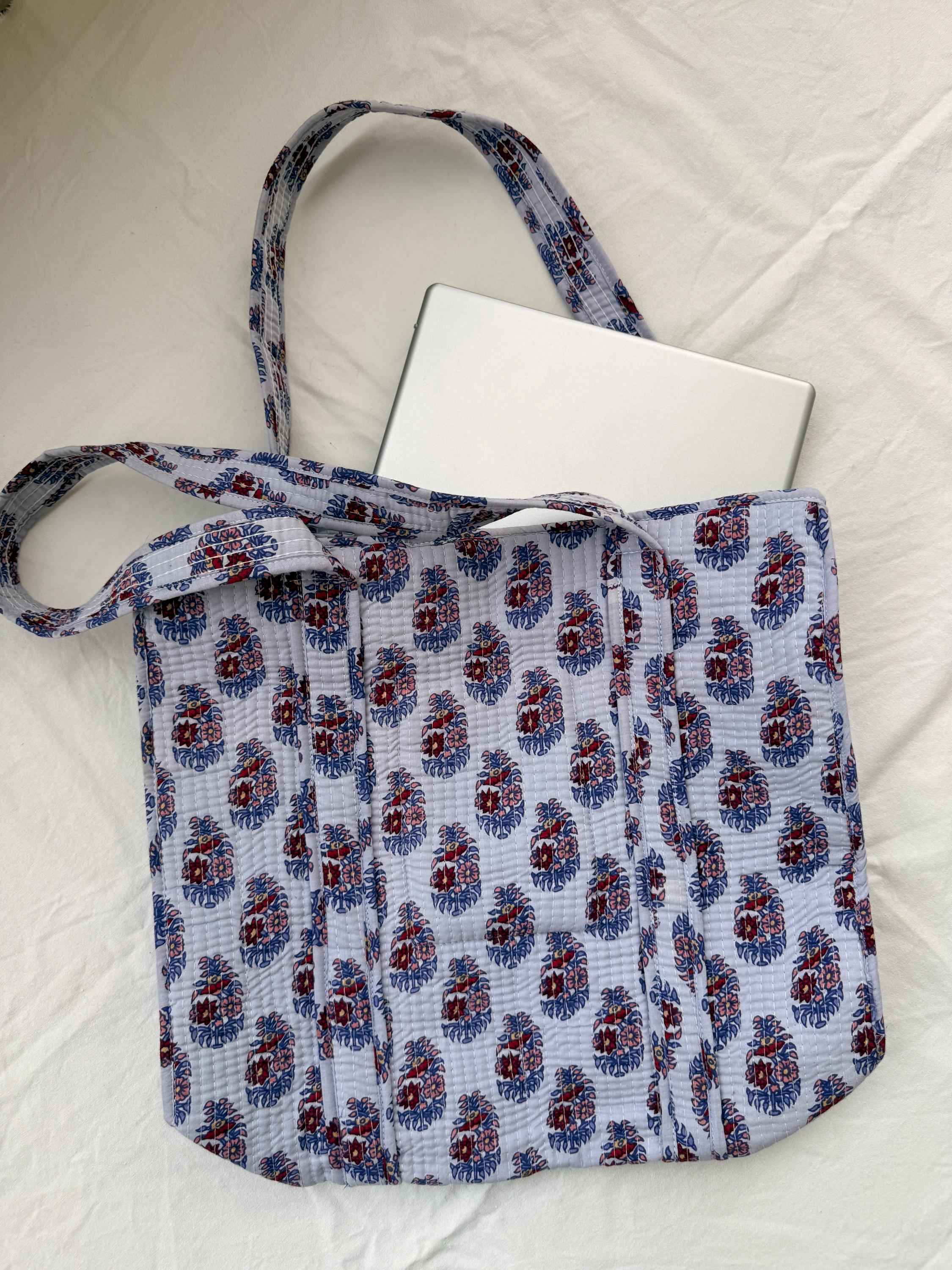 Hand Block Printed Quilted Cotton Tote Bag | Floral Indian Shoulder Bag