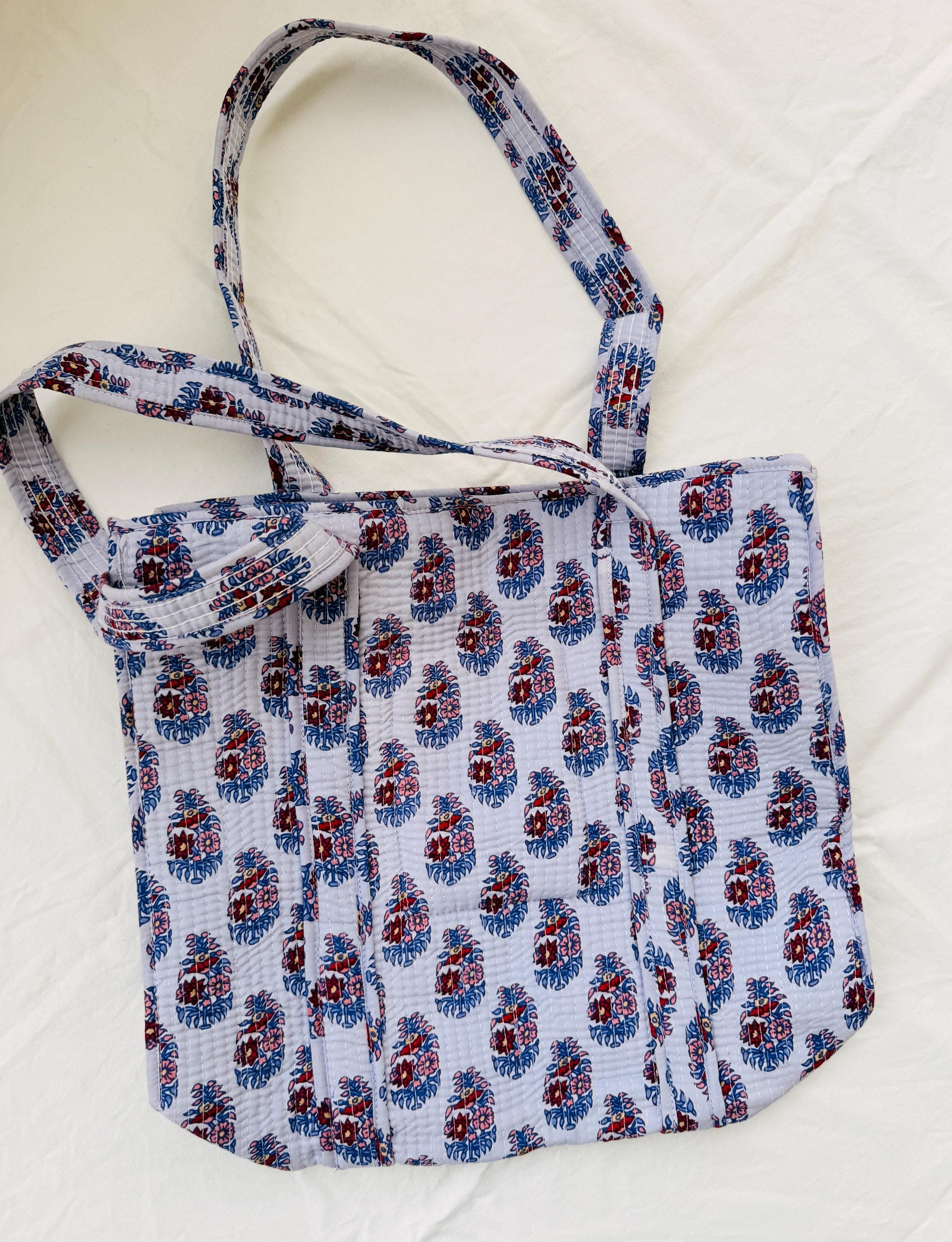 Hand Block Printed Quilted Cotton Tote Bag | Floral Indian Shoulder Bag