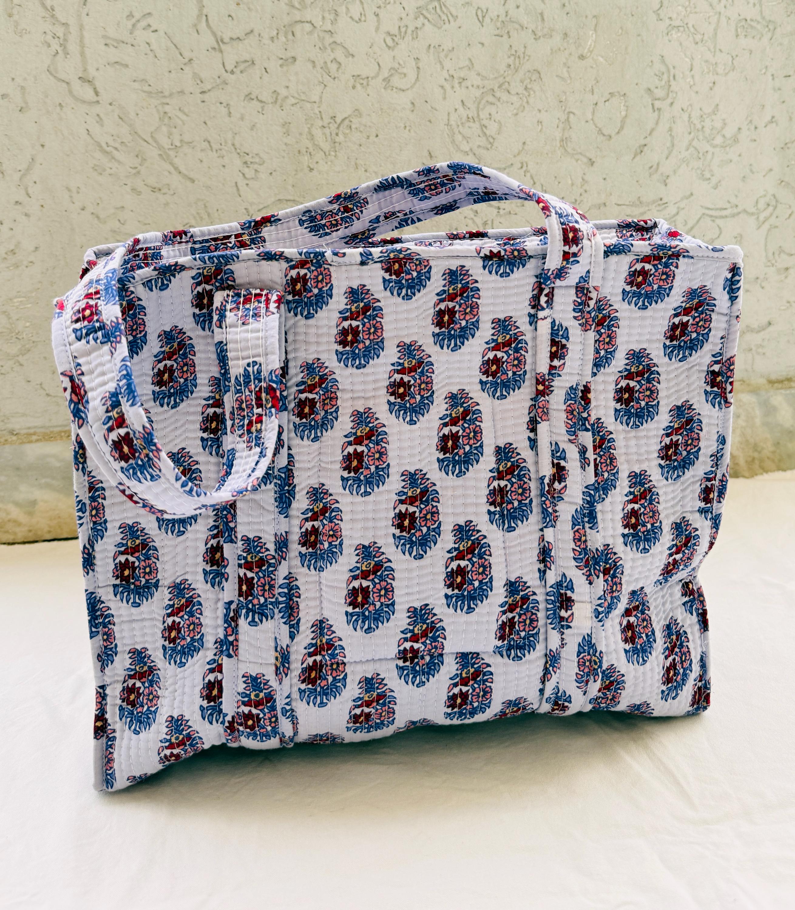 Hand Block Printed Quilted Cotton Tote Bag | Floral Indian Shoulder Bag