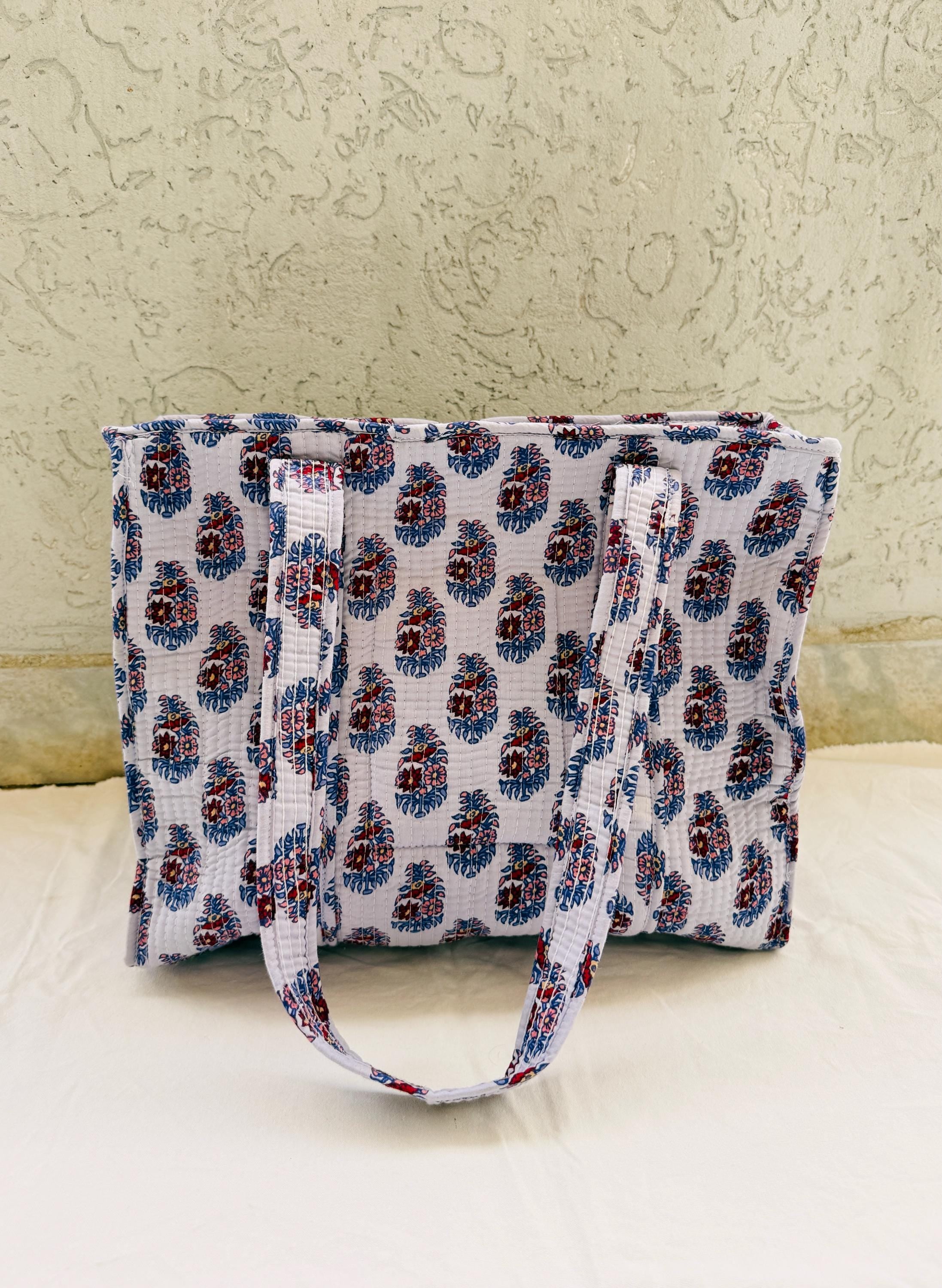 Hand Block Printed Quilted Cotton Tote Bag | Floral Indian Shoulder Bag