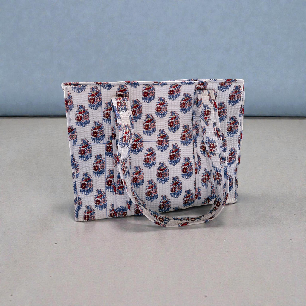 Hand Block Printed Quilted Cotton Tote Bag | Floral Indian Shoulder Bag