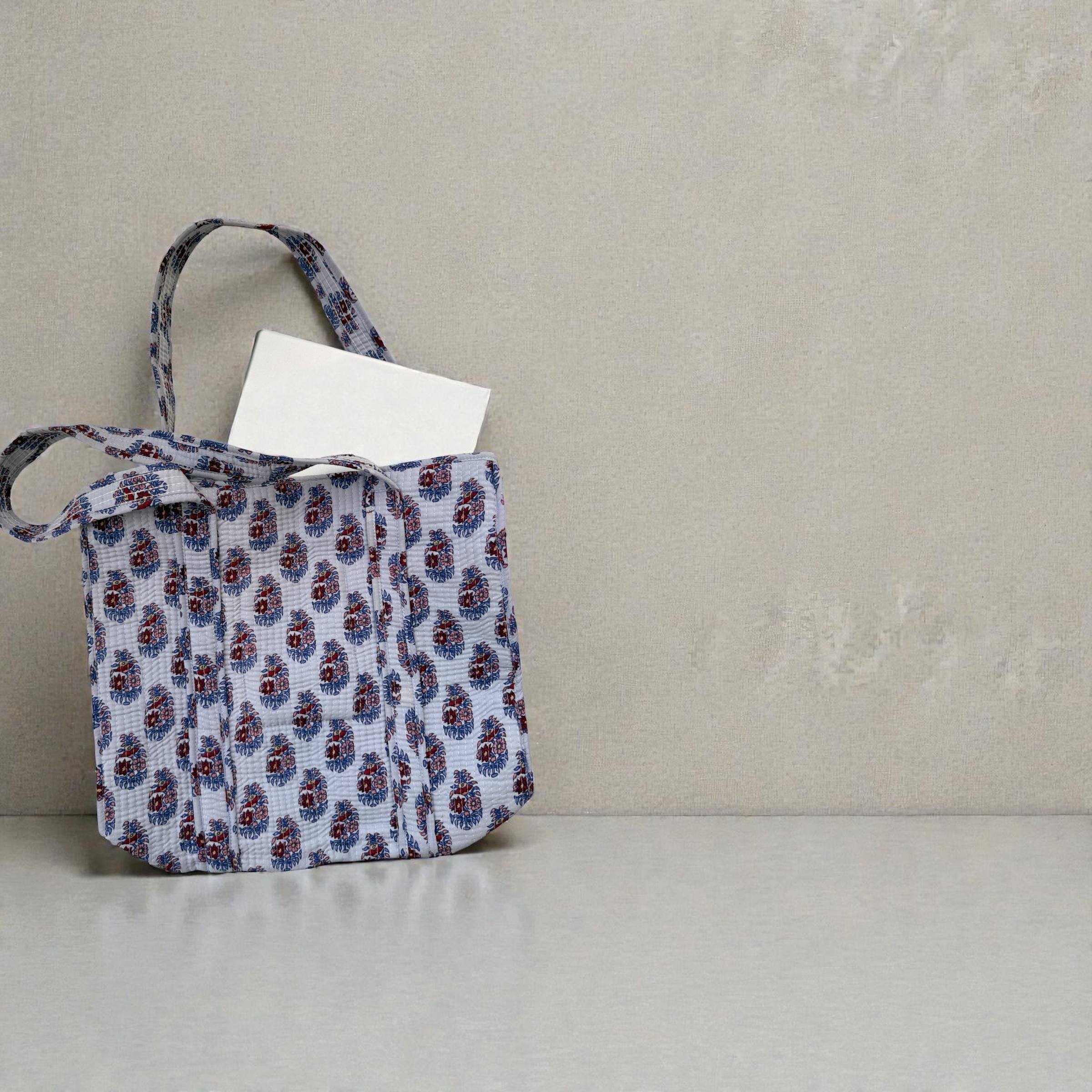 Hand Block Printed Quilted Cotton Tote Bag | Floral Indian Shoulder Bag