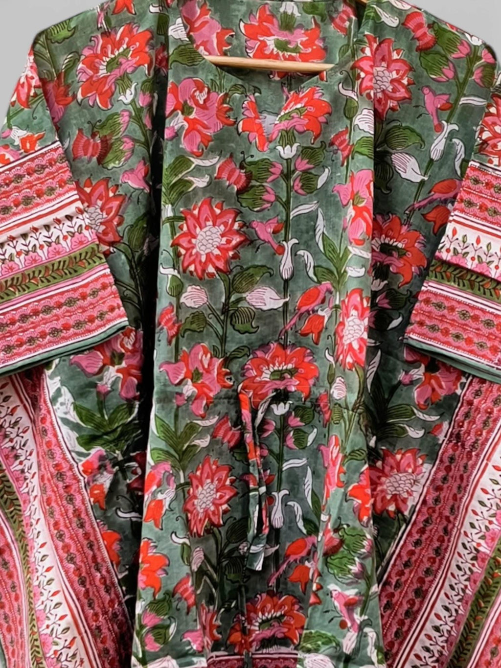 Hand Block Printed Short Cotton Kaftan – Sage Green, Red & Pink Floral | Boho Summer Kaftan Dress, Relaxed Fit Tunic