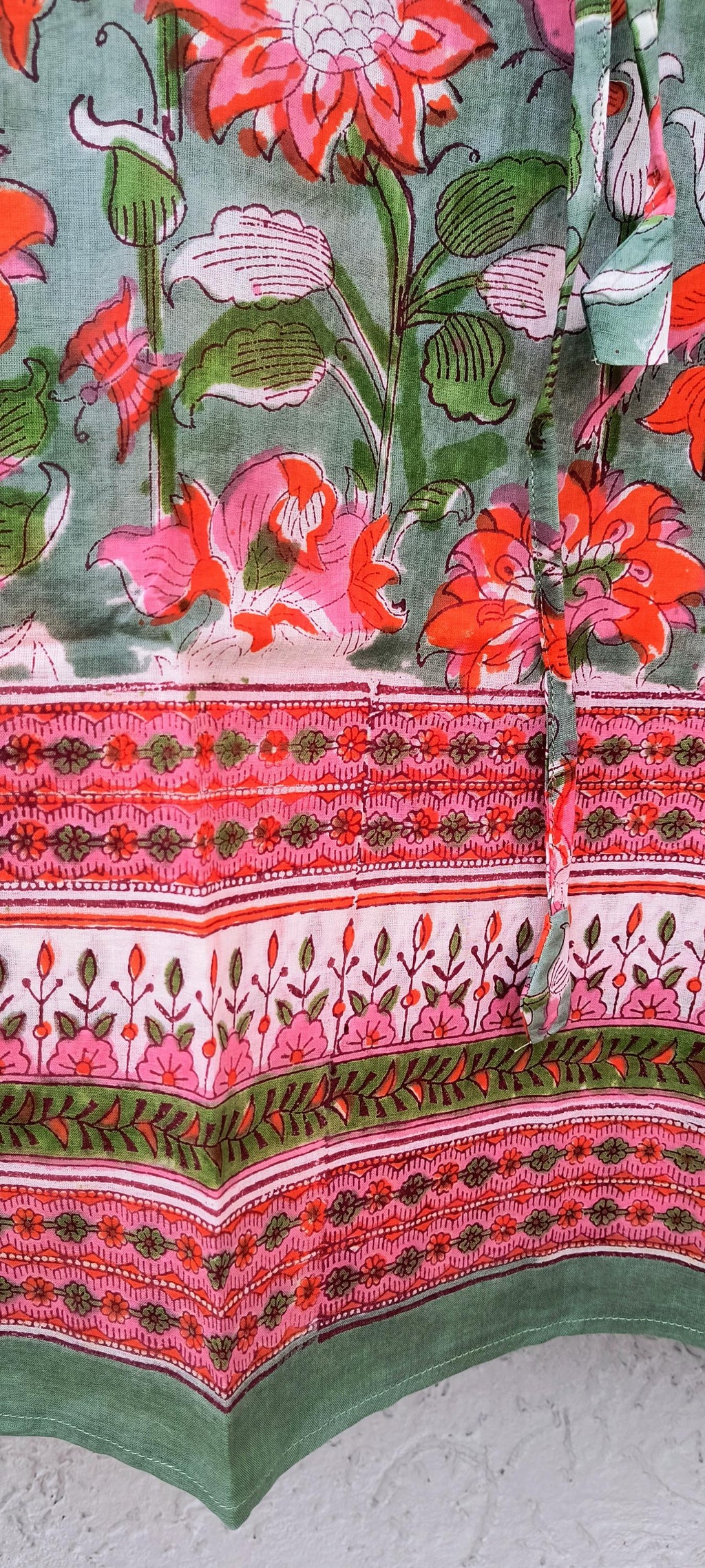 Hand Block Printed Short Cotton Kaftan – Sage Green, Red & Pink Floral | Boho Summer Kaftan Dress, Relaxed Fit Tunic