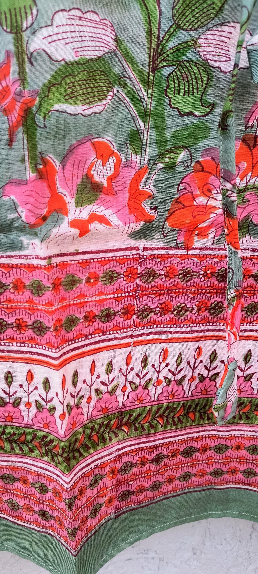 Hand Block Printed Short Cotton Kaftan – Sage Green, Red & Pink Floral | Boho Summer Kaftan Dress, Relaxed Fit Tunic