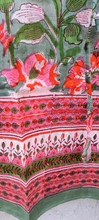 Hand Block Printed Short Cotton Kaftan – Sage Green, Red & Pink Floral | Boho Summer Kaftan Dress, Relaxed Fit Tunic