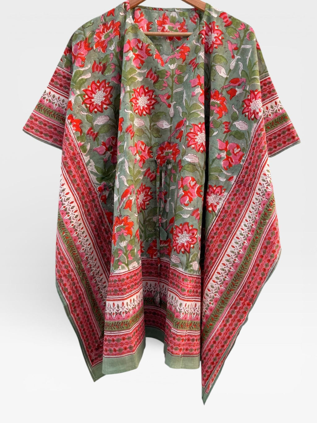 Hand Block Printed Short Cotton Kaftan – Sage Green, Red & Pink Floral | Boho Summer Kaftan Dress, Relaxed Fit Tunic