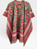 Hand Block Printed Short Cotton Kaftan – Sage Green, Red & Pink Floral | Boho Summer Kaftan Dress, Relaxed Fit Tunic
