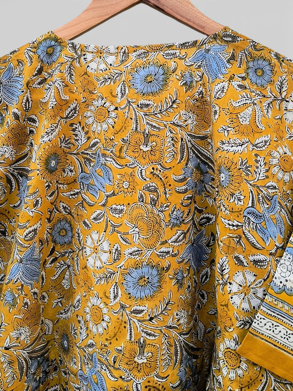 Hand Block Printed Short Cotton Kaftan – Mustard Yellow with Blue & White Floral | Boho Summer Kaftan Dress, Relaxed Fit Tunic