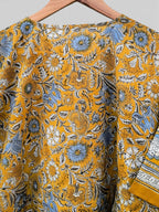 Hand Block Printed Short Cotton Kaftan – Mustard Yellow with Blue & White Floral | Boho Summer Kaftan Dress, Relaxed Fit Tunic