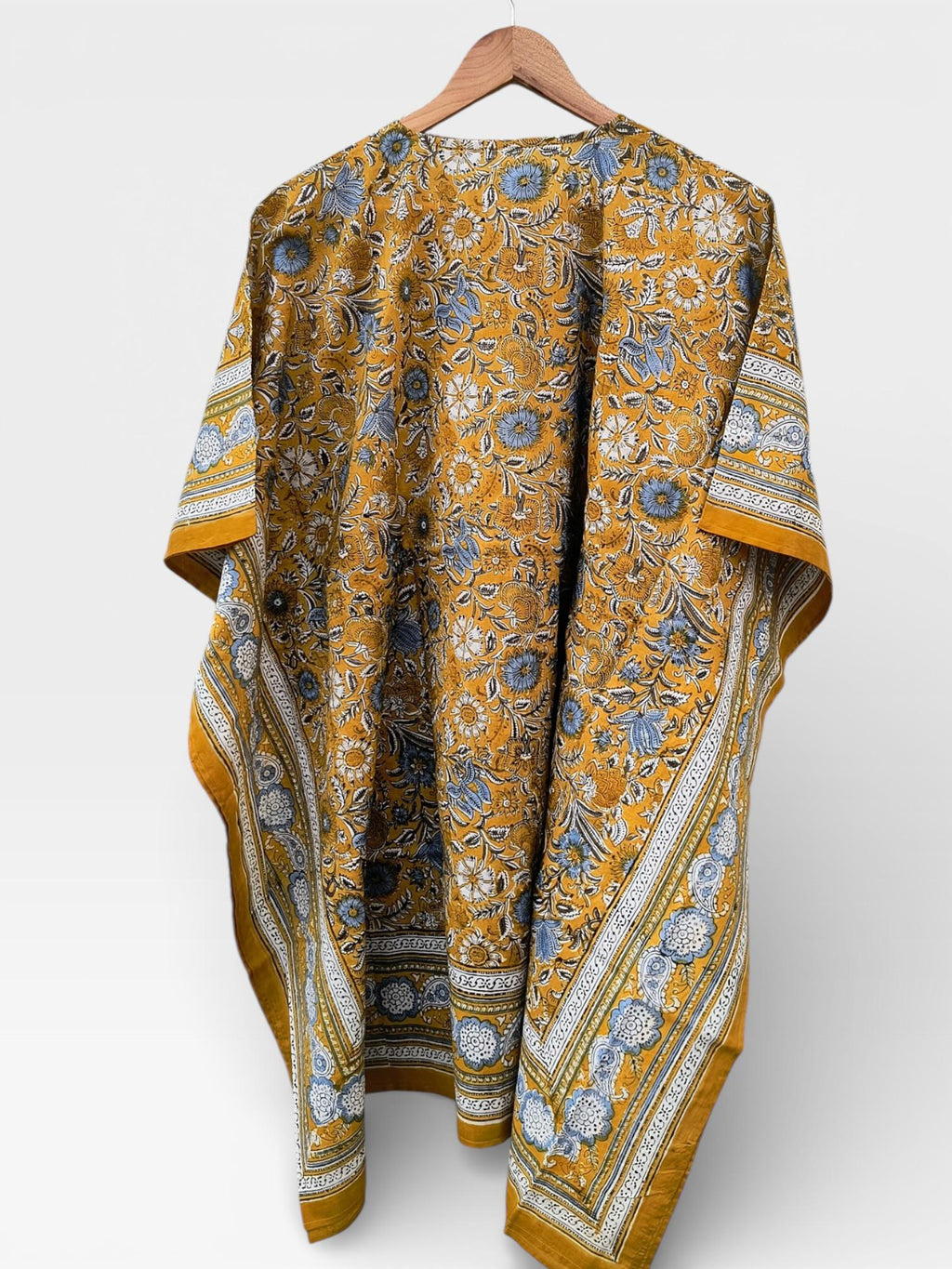 Hand Block Printed Short Cotton Kaftan – Mustard Yellow with Blue & White Floral | Boho Summer Kaftan Dress, Relaxed Fit Tunic