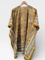 Hand Block Printed Short Cotton Kaftan – Mustard Yellow with Blue & White Floral | Boho Summer Kaftan Dress, Relaxed Fit Tunic