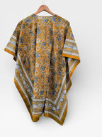 Hand Block Printed Short Cotton Kaftan – Mustard Yellow with Blue & White Floral | Boho Summer Kaftan Dress, Relaxed Fit Tunic
