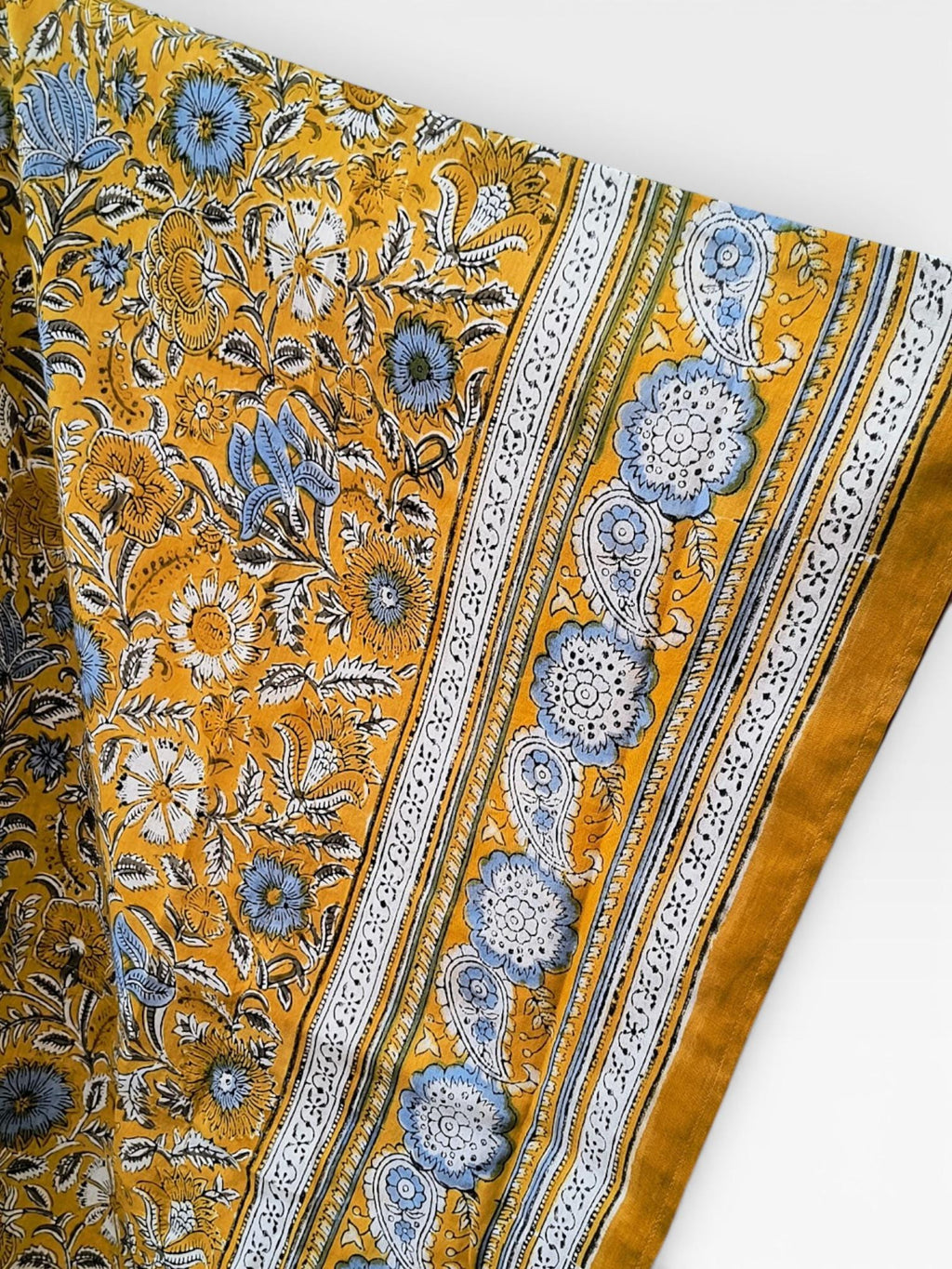 Hand Block Printed Short Cotton Kaftan – Mustard Yellow with Blue & White Floral | Boho Summer Kaftan Dress, Relaxed Fit Tunic
