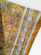 Hand Block Printed Short Cotton Kaftan – Mustard Yellow with Blue & White Floral | Boho Summer Kaftan Dress, Relaxed Fit Tunic