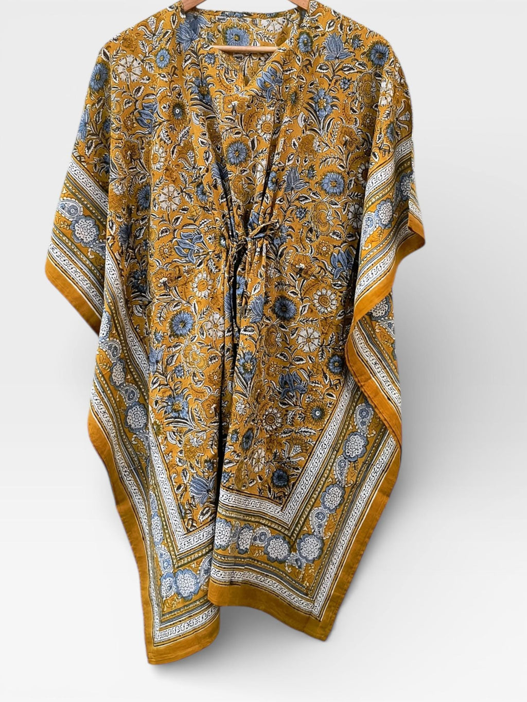 Hand Block Printed Short Cotton Kaftan – Mustard Yellow with Blue & White Floral | Boho Summer Kaftan Dress, Relaxed Fit Tunic