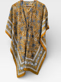 Hand Block Printed Short Cotton Kaftan – Mustard Yellow with Blue & White Floral | Boho Summer Kaftan Dress, Relaxed Fit Tunic
