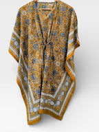 Hand Block Printed Short Cotton Kaftan – Mustard Yellow with Blue & White Floral | Boho Summer Kaftan Dress, Relaxed Fit Tunic