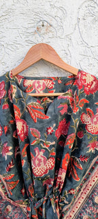 Hand Block Printed Short Cotton Kaftan – Deep Gray with Red & Ivory Floral | Boho Summer Kaftan Dress, Relaxed Fit Tunic